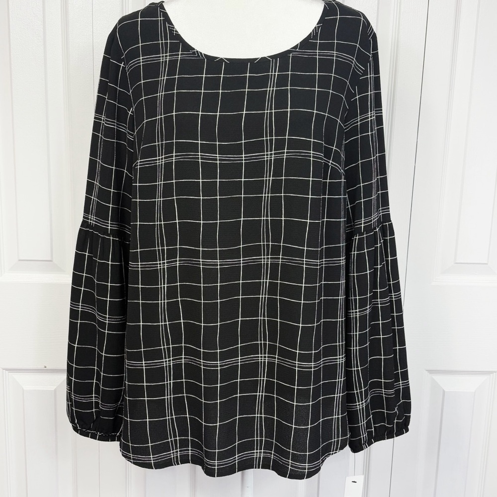 NWT Apt. 9 Black & White Grid Windowpane Print Long Sleeve Blouse XL